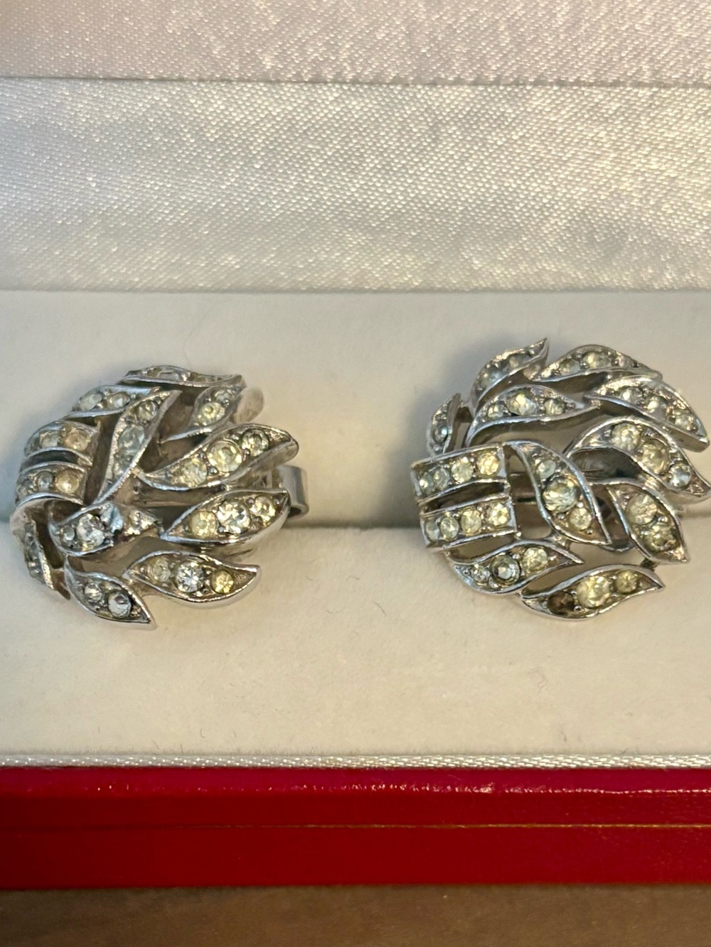 Vintage Signed Crown TRIFARI Crystal Swirling Leaf Clip Earrings (circa 1950s)